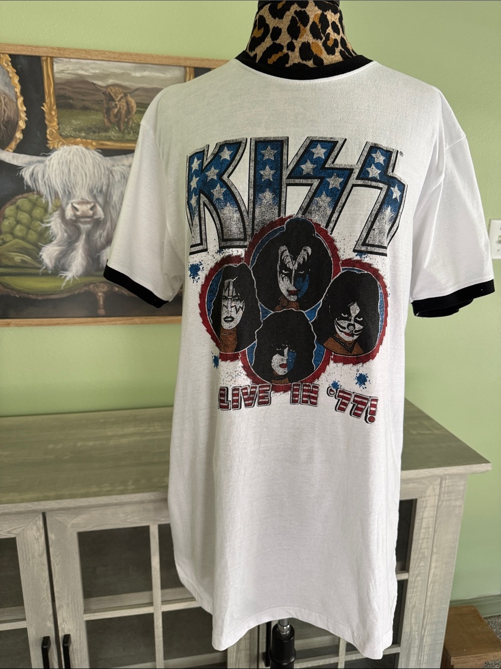 KISS White Ringer Tee with Black Trim and Patriotic Logo